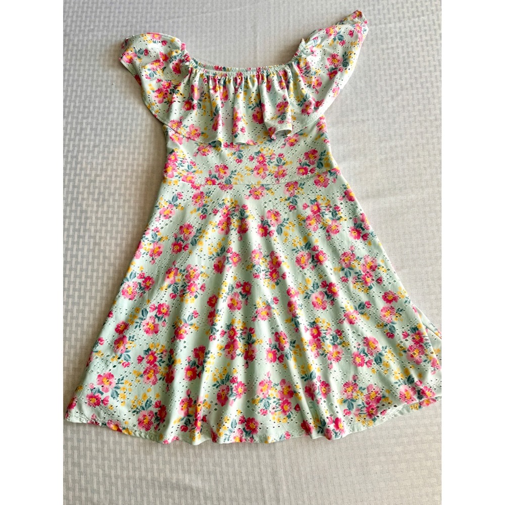 btween Girls Floral Eyelet Ruffle Off Shoulder Dress Mint Green Pink Size 12
